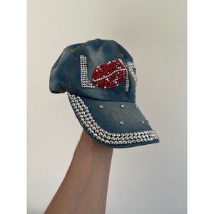 Vintage Denim LOVE Rhinestone Lip Baseball Cap Blue Distressed Bling Hat
